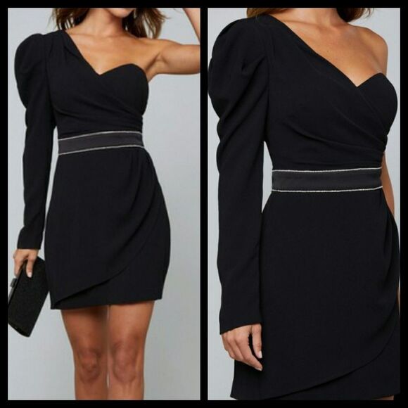 Bebe Black One Shoulder Mini Dress Size 10 NWT - Picture 1 of 4
